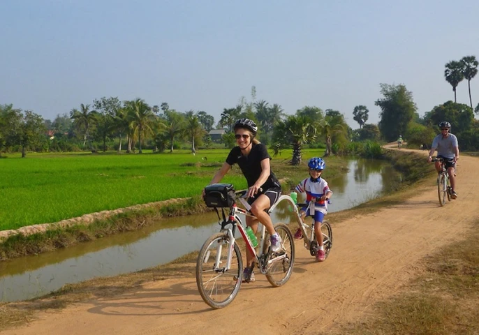 A family cycles along a path through lush green rice paddies