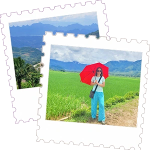 A young woman holding a bright red umbrella stands out against the vast, lush green rice fields of hoang su phi in Ha Giang, Vietnam