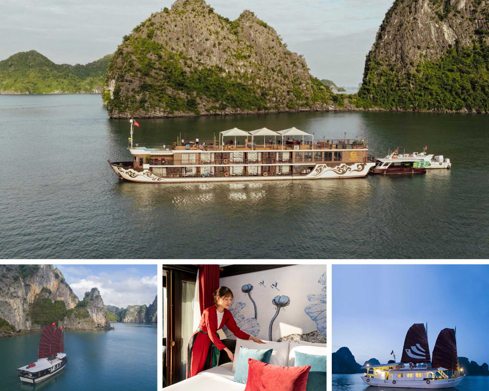 Luxury cruise boats among limestone islands in Vietnam, with an elegant onboard cabin