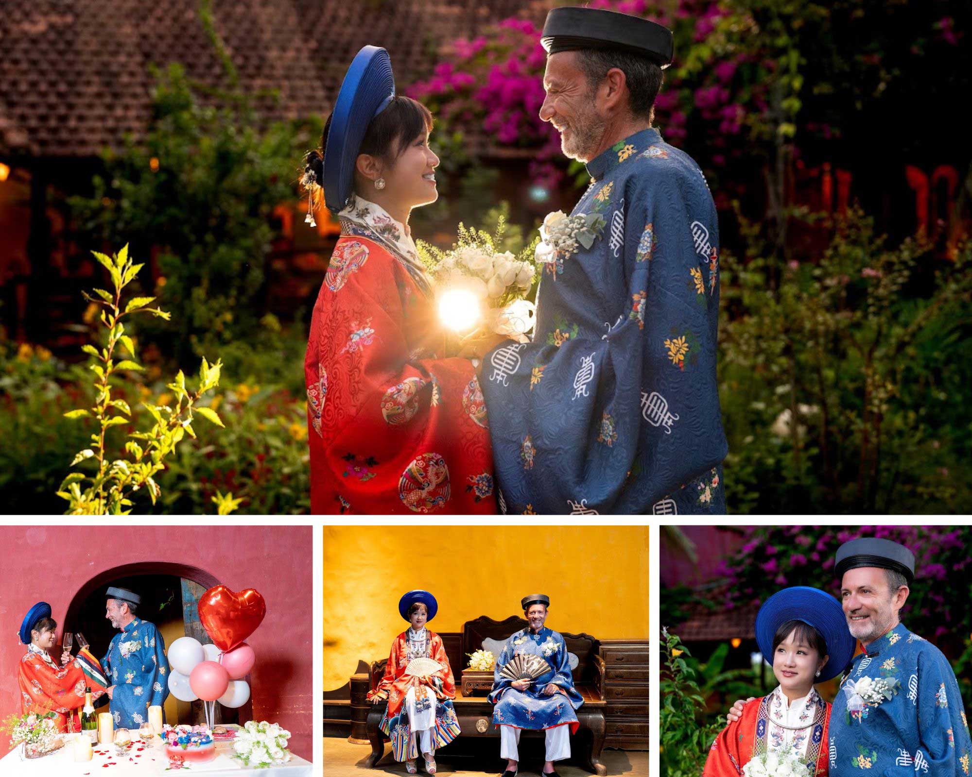 Couple in traditional Vietnamese ceremonial attire celebrating a special occasion with portraits and flowers