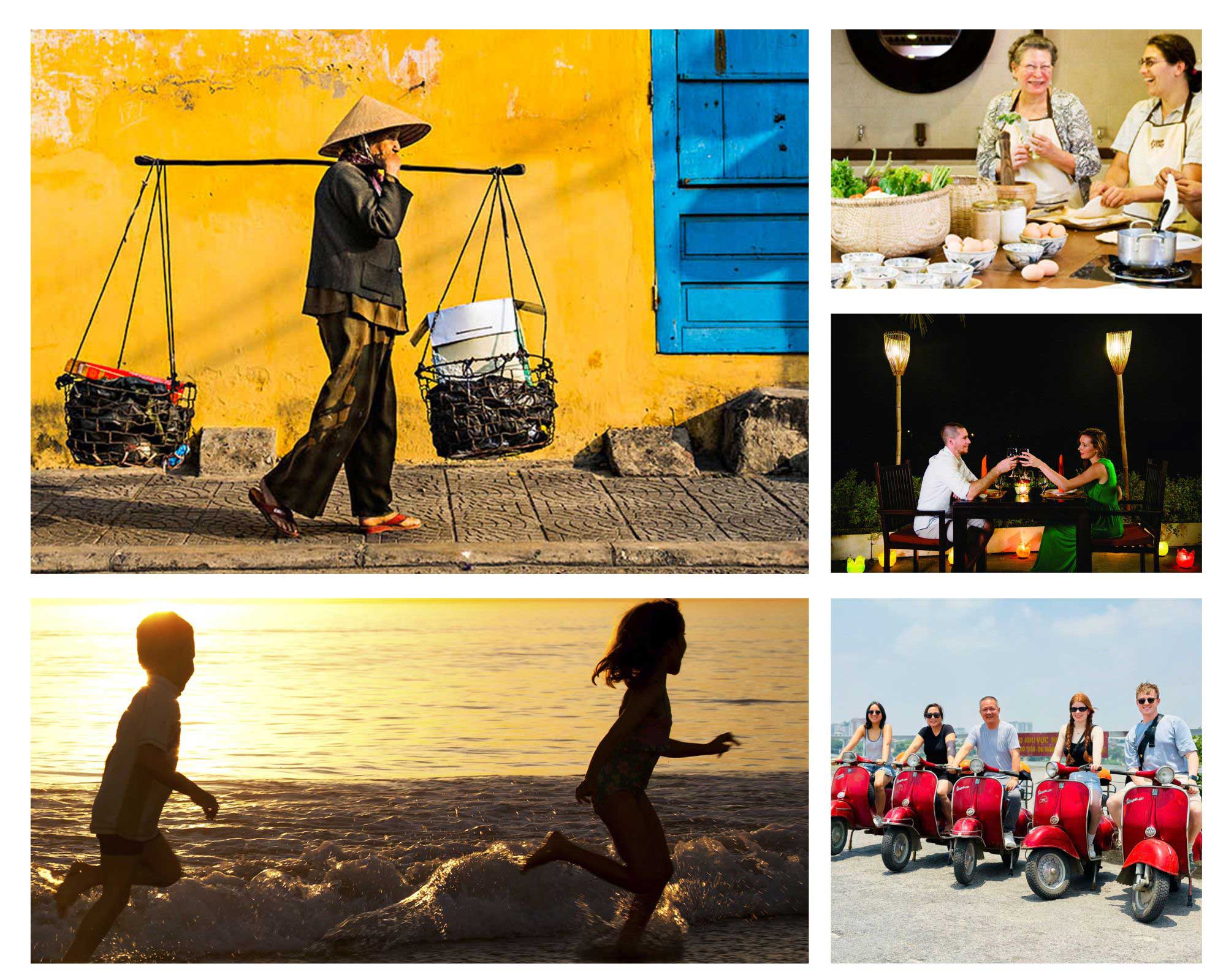 Local experiences in Vietnam including a street vendor, cooking class, private dining, beach activities and Vespa tour