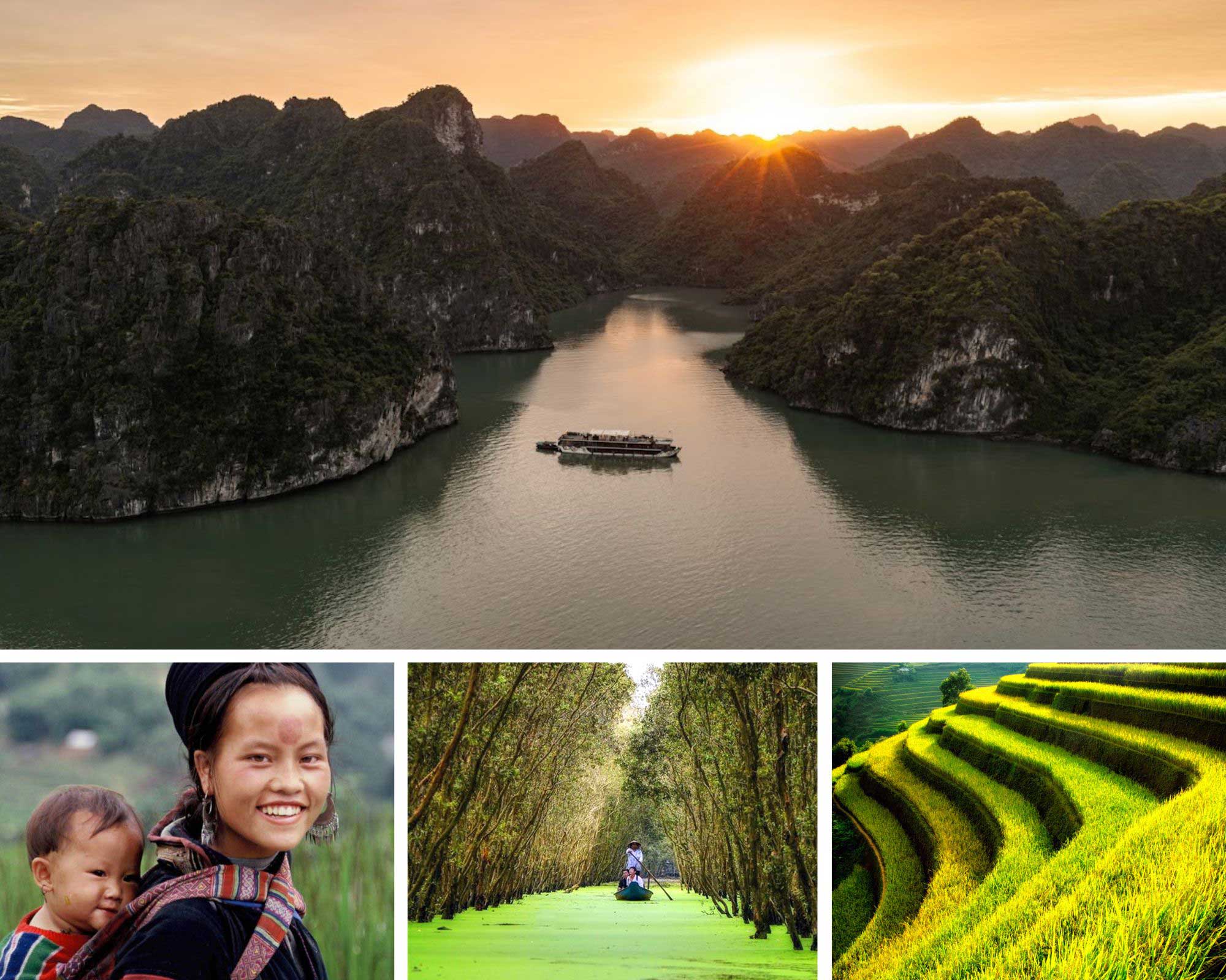 Vietnam travel collage featuring a sunset bay cruise, local people, a rural waterway and terraced rice fields